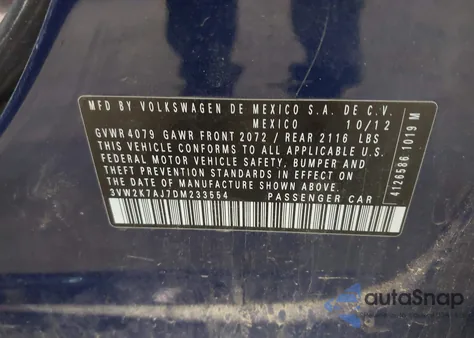 2013 Volkswagen Jetta 2.0L S из США, поврежденный, VIN 3VW2K7AJ7DM233554